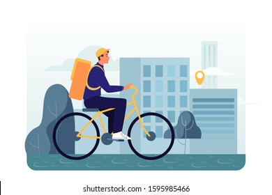 Online food delivery concept. Food order in the internet. Courier with food on bike. Person in uniform on bicycle. Isolated flat vector illustration