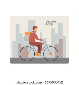 Online food delivery concept. Food order in the internet. Courier with food on bike. Person in uniform on bicycle. Isolated flat vector illustration