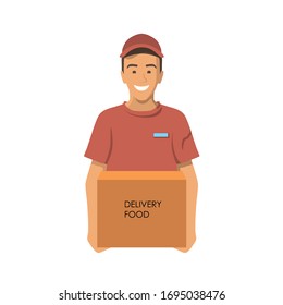 Online food delivery concept. Food order in the internet. Courier with food on bike. Person in uniform on bicycle. Isolated flat vector illustration