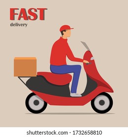 Online food delivery concept. Food order in the internet. Courier with food on motorbike. Person in uniform on motorcycle. Isolated flat vector illustration