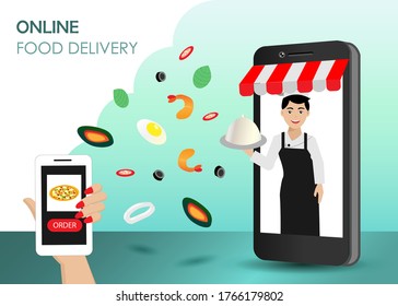 Online food delivery concept .Woman hand order foods via mobile application. Chef man holding foods tray on smartphone screen with spreading of seafood ingredients. Vector Illustration.