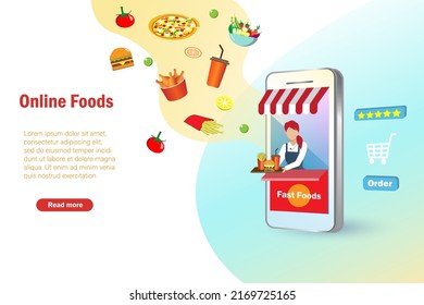 Online food delivery concept. Woman sell fast foods in smartphone mobile booth stall. Food ordering service template, platform, banner for online food advertising.