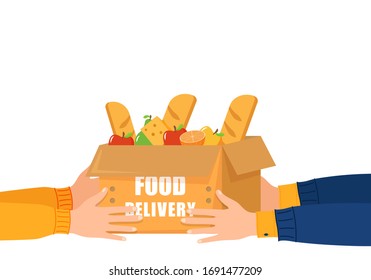 Online food delivery. Food delivery from courier to customer because coronavirus. Hands hold paper shopping bag full of groceries products. Concept online meal ordering during quarantine. Vector.