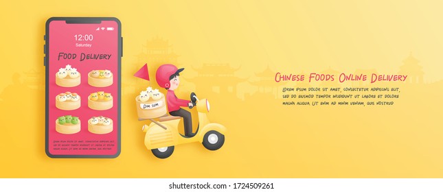 Online food delivery, dim sum and Chinese traditional food with delivery boy. Paper cut style. Vector illustration. 