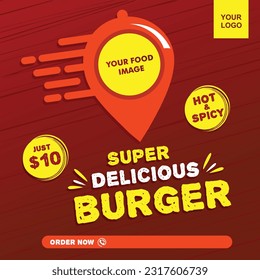 Online Food Delivery, Fast Food templates, burger. Red Abstract background Vector template Social Media 