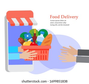 online food delivery, hand holding food basket, vector illustration