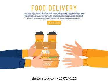 Online food delivery. Hands hold paper shopping bag full of groceries products. Food delivery from courier to customer because coronavirus. Concept online meal ordering during quarantine. Vector.