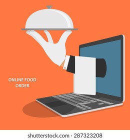 Online Food Delivery Isometric Flat Vector Concept. Hand Of Water With Dish And Towel Appeared From Laptop.