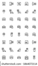 Online food delivery line icons set. linear style symbols collection, outline signs pack. Fast food menu vector graphics. Set includes icons as burger, sandwich, drinks, french fries, delivery bike
