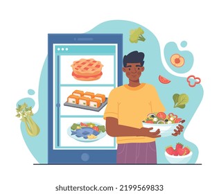 Online food delivery. Man stands with plate of rolls and sushi next to smartphone. Application for online shopping, home delivery. Modern technologies concept. Cartoon flat vector illustration