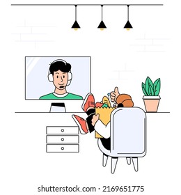 Online food delivery. Online food ordering at home. Man received the order and thanks the operator. E-commerce concept. Online food ordering stock vector illustration.