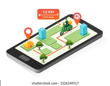 Online food delivery service app in flat isometric. Fast food shipping with courier riding scooter illustration for webpage, landing page, infographic and banner