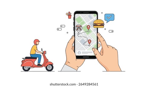 Online Food Delivery Service App Showing Map Tracking and Order Details with a Courier on a Scooter and Drone Delivery Icon