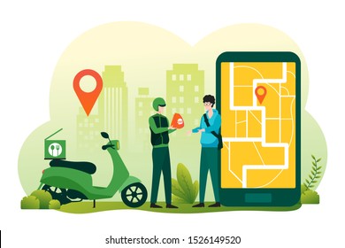 Online food delivery service concept. Fast food shipping with courier and scooter illustration for webpage, landing page, infographic and banner