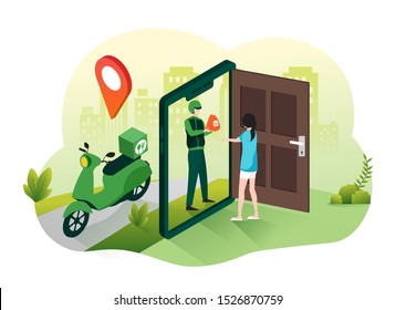 Online food delivery service concept. Fast food shipping with courier and scooter illustration for webpage, landing page, infographic and banner