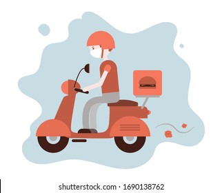 Online food delivery service concept,  order tracking, delivery home and office.  Scooter courier, delivery man in respiratory mask. Vector flat illustration