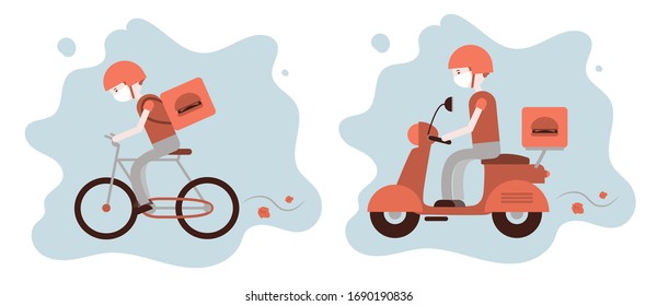 Online food delivery service concept,  order tracking, delivery home and office. Scooter and bicycle courier, delivery man in respiratory mask, virus protection. Flat style vector illustration