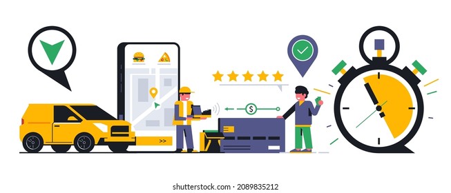 Online food delivery service. The courier hands over a successfully completed order and receives a five-star rating. Payment by credit card, money, food, mobile phone, street map. Vector illustration