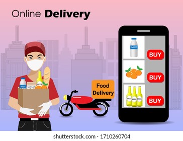 Online Food delivery service during Quarantine.Delivery man wear face mask and hygiene glove holding grocery bag send to customer, ordered via mobile application during COVID-19 corona virus spreading