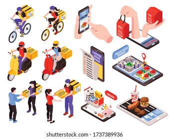 Online food delivery service isometric set with smartphone menu scooter bike couriers handing over orders smartphone illustration 