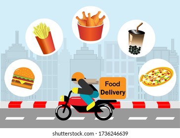 Online Food delivery service. Delivery man riding motorbike on the road, delivery foods to customer with pop up of fast foods, hamburger, frenchfries, fried chicken, bubble milk tea and pizza. Vector.