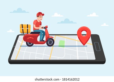 Servicio de entrega de comida en línea. Corredor motociclista en cicleta con caja en smartphone con mapa de la ciudad en pantalla de dispositivo, viajes de personajes masculinos al cliente, envío de paquete de paquetes de vector plano concepto de dibujos animados jóvenes