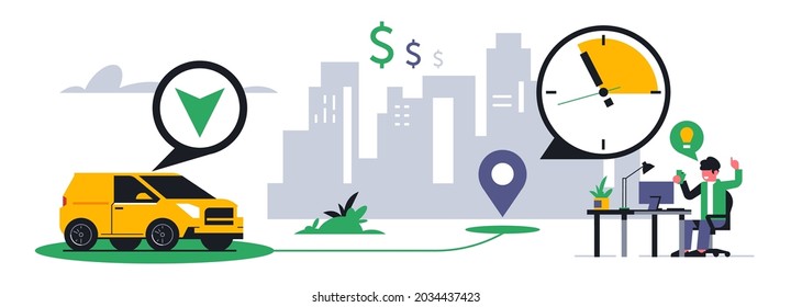 Online food delivery service. An office worker got the idea to order food delivery. City, office, work desk, lunch break, courier car, time, watch, city, route, gps. Vector illustration.