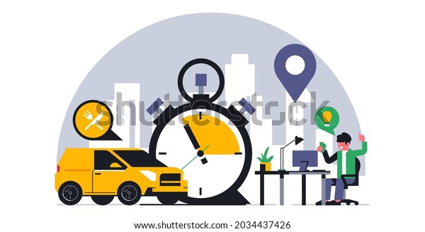 Online food delivery service.\
An office worker got the idea to order food delivery. City, office,\
work desk, lunch break, courier car, time, clock. Vector\
illustration.