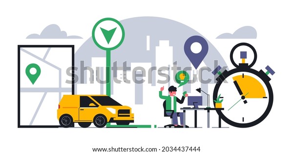 Online food delivery service. An office\
worker got the idea to order food delivery. City, office, work\
desk, lunch break, courier car, time, watch, map, street, location,\
gps. Vector\
illustration.