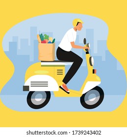 Online food delivery service , online order tracking, delivery home and office. Scooter delivery. Shipping. Man on the bike. Vector illustration