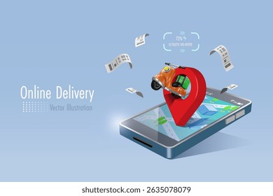 Online food delivery service.  Scooter on smartphone map pin with receipt bills. 3D vector.