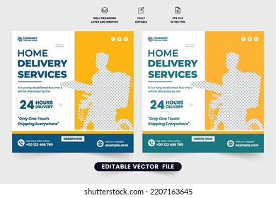 Online Food Delivery Service Template With Blue And Yellow Colors. 24-hour Home Delivery Business Social Media Post Vector. Express Delivery Service Web Banner Design For A Supermarket Promotion.