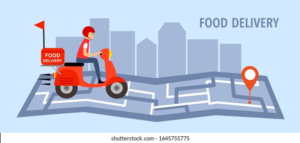 Online food delivery service vector illustration. Delivery boy riding red motorbike on map. Fast food delivery design template for landing page, web, mobile app, poster and flyer.