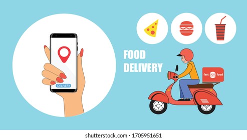 Online food delivery service. Vector flat image with scooter and smartphone for ordering.