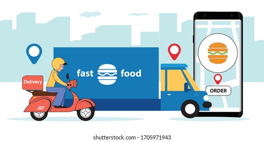 Online food delivery service. Vector flat image with a scooter, a truck and a smartphone for ordering against a city background.