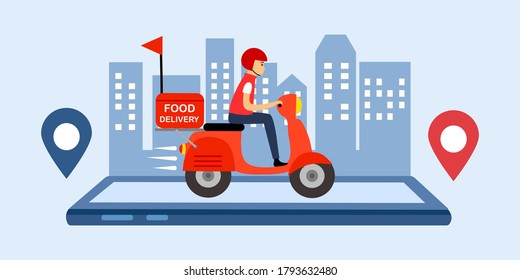 Online food delivery service vector illustration. Delivery boy riding red motorbike on map. Fast food delivery design template for landing page, web, mobile app, poster and flyer.