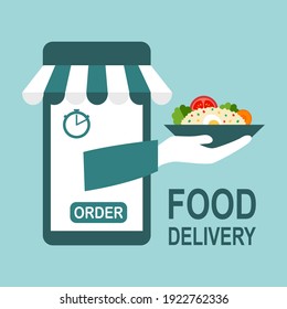 Online food delivery service vector illustration. Uber eat, grab food, fast food concept. Hand holding meal with smartphone in flat design.
