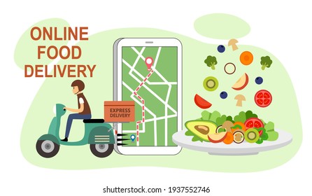 Online food delivery service vector illustration. Grab food, Uber eat design template for landing page, web, poster. Delivery man driving scooter with smartphone and salad healthy dish in flat design.