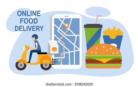 Online-Lieferung von Lebensmitteln Vektorgrafik. Fast Food, Futter holen, Uber essen Design-Vorlage für Banner, Poster. Liefert Mann Autofahrer mit Smartphone und Hamburger, französisches Pommes frites und Getränk.