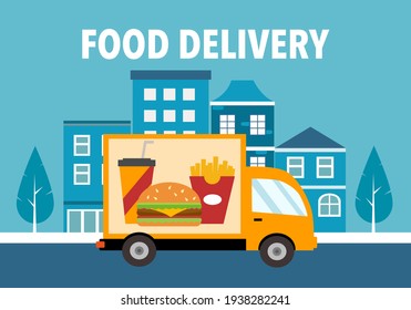 Online food delivery service vector illustration. Fast food, grab food, Uber eat design template for banner, poster. Delivery truck carrying hamburger, French fried and drink with city on background.