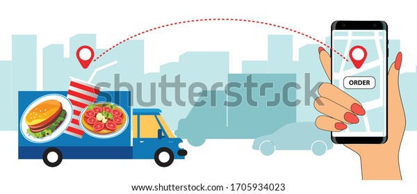 Online food delivery service. Vector flat image\
with a car and a smartphone for ordering against the backdrop of\
urban buildings,\
houses.