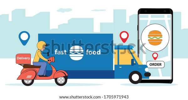 Online food delivery service. Vector flat\
image with a scooter, a truck and a smartphone for ordering against\
a city background.