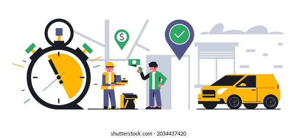 Online food delivery service to your home. The courier transfers the successfully completed order and receives the money. Food, time, clock, money, car, street, map, gps point. Vector illustration.