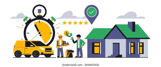 Online food delivery service to your home. The courier hands over a successfully completed order and receives a five-star rating. Delivery, food, home, review, time, car, money. Vector illustration.