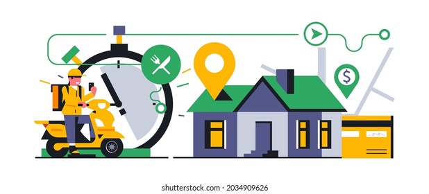 Online food delivery service to your home. The courier received an order to deliver food home. Scooter, house, route, map, street, bank card, sign, icon, stopwatch. Vector illustration.