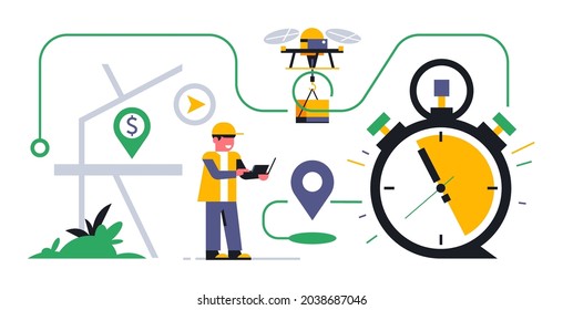 Online food delivery service to your home. Delivery of food or parcels through a flying drone. Future technologies, courier and drone. Map, route, address, street. Vector illustration.