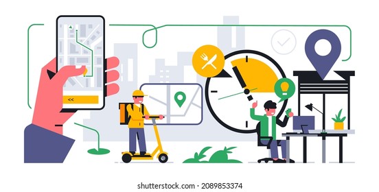 Online food delivery service to your home. An office worker got the idea to order food delivery. Courier on a scooter, hand holding a phone, navigation map, route to address, time. Vector illustration