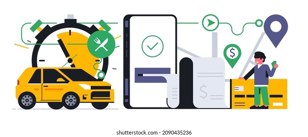 Online Food Delivery Service To Your Home. Online Payment For Food Delivery Through A Mobile Application. Payment Check, Bank Card, Phone, App, Car, Stopwatch, Route, Map, Man. Vector Illustration.