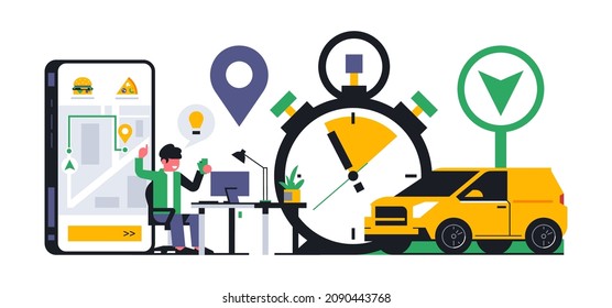 Online food delivery service to your home. The idea of ordering food delivery to your home through a mobile application. Order tracking, office lunch, phone, app, car, stopwatch.Vector illustration.
