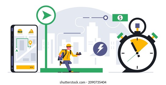Online food delivery service to your home. Fast delivery by courier. Tracking your order through a mobile application. Map, street, city, route, time, stopwatch, menu, app, phone. Vector illustration
